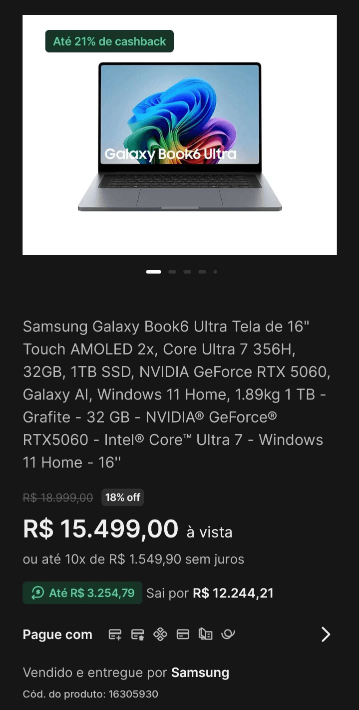 Notebook Samsung Galaxy Book6 Ultra 16" NP960UJH-YG1BR Intel Core Ultra 7 356H RTX 5060 32GB RAM 1TB SSD Windows 11 Home