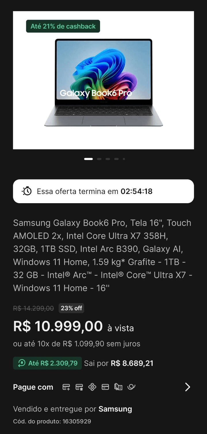 Notebook Samsung Galaxy Book6 Pro 16" NP960XJG-LG1BR Intel Core Ultra X7 358H 32GB RAM 1TB SSD Windows 11 Home