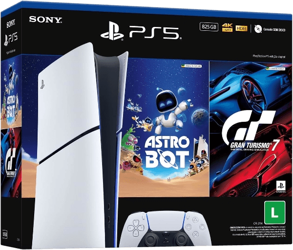 Console Sony PlayStation 5, Edição Digital, SSD 825GB, Com Controle Sem Fio DualSense, Branco + Jogos Astro Bot e Gran Turismo 7