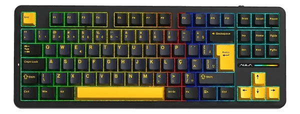 Teclado Mecânico Sem Fio AULA F87 ABNT, Preto e Amarelo