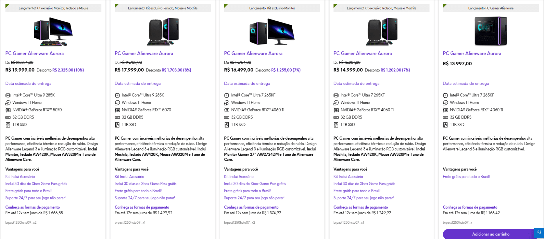 PC Gamer Alienware Aurora com RTX 5070 e RTX 4060 Ti