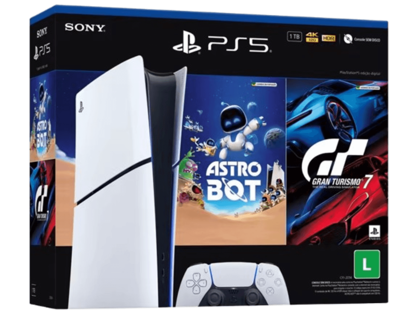 Console PlayStation 5 Slim Sony, SSD 1TB, Edição Digital, Com Controle Sem Fio DualSense, Branco + Jogos Astro Bot e Gran Turismo 7