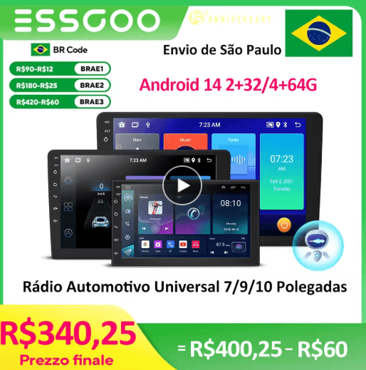 Multimidia Essgoo 7" 4G 64GB, Android 14, Wifi, GPS, Carplay, Android Auto