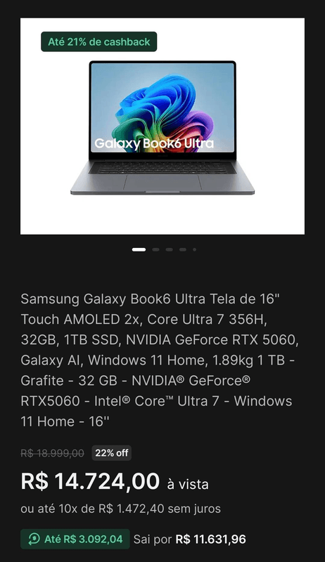 Notebook Samsung Galaxy Book6 Ultra 16" NP960UJH-YG1BR Intel Core Ultra 7 356H RTX 5060 32GB RAM 1TB SSD Windows 11 Home