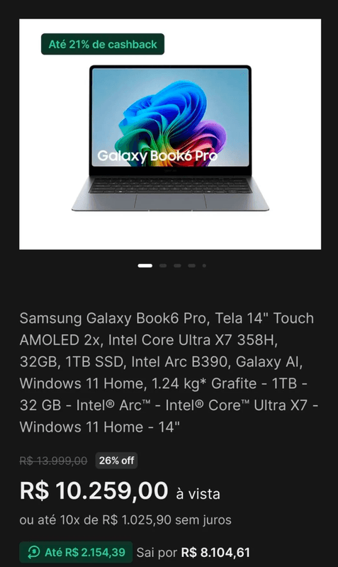 Notebook Samsung Galaxy Book6 Pro 14" NP940XJG-LG1BR Intel Core Ultra X7 358H 32GB RAM 1TB SSD Windows 11 Home