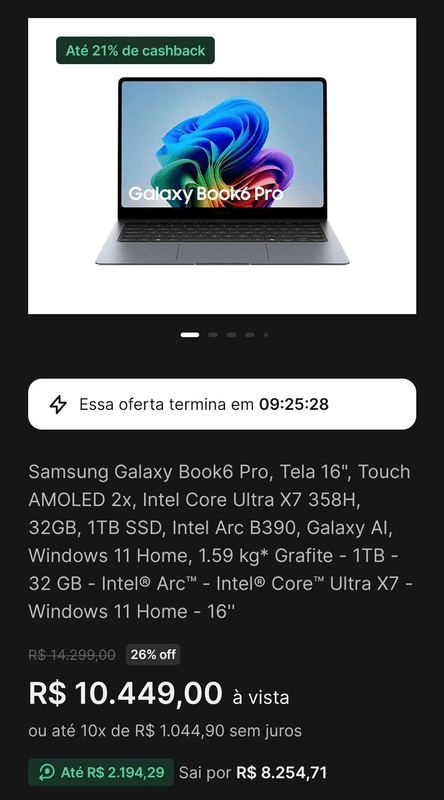 Notebook Samsung Galaxy Book6 Pro 16" NP960XJG-LG1BR Intel Core Ultra X7 358H 32GB RAM 1TB SSD Windows 11 Home