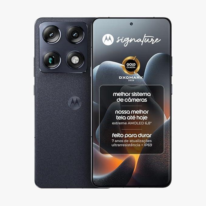 Smartphone Motorola Signature 5G - 512GB 24GB (12GB RAM + 12GB RAM Boost), 3 cameras 50MP Sony Lytia e Zoom 100x, Tela 1.5K extreme Amoled 165hz - Preto