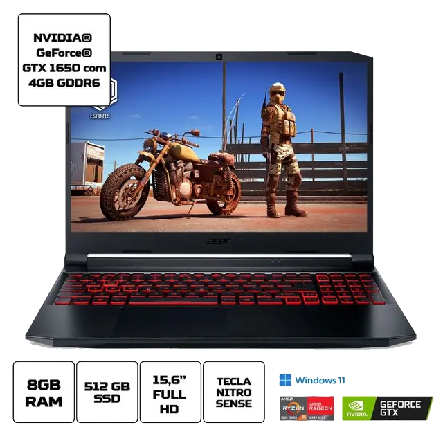 Notebook Gamer Acer Nitro 5 AN515-45-R91A Ryzen 5 Windows 11 Home 8GB 512GB SSD GTX 1650 15.6' FHD