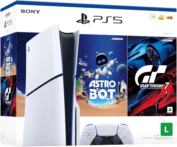 Console PlayStation 5 Slim Sony, PS5, Com Leitor de Discos, SSD 1TB, Com Controle Sem Fio DualSense, Branco + Jogos Astro Bot e Gran Turismo 7