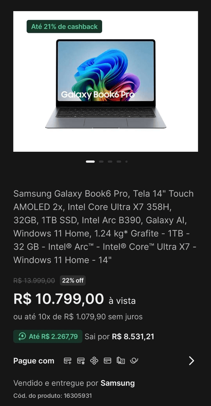 Notebook Samsung Galaxy Book6 Pro 14" NP940XJG-LG1BR Intel Core Ultra X7 358H 32GB RAM 1TB SSD Windows 11 Home